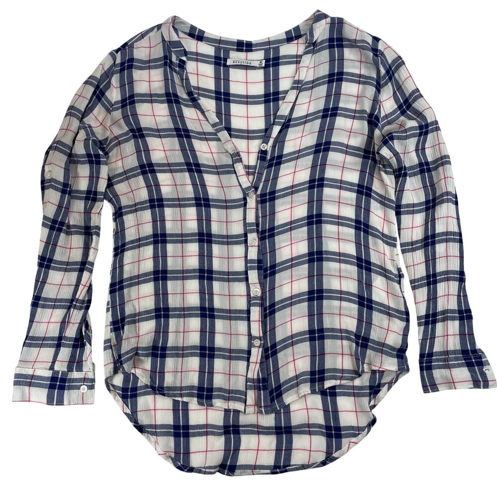 Kenneth Cole Reaction Women’s Medium Plaid Hi-Low Tunic Roll Tab Sleeve Blue Red